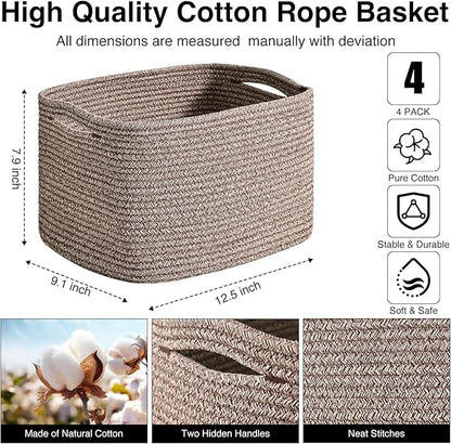 Storage Baskets for Shelves Organizing, Woven Cotton Rope Baskets for Storage, Book Basket, Decorative Shelf Basket, 12.5"Lx9.1''Wx7.9''H (4 Packs) Dark Brown