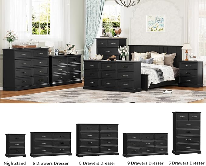 6 Drawer Dresser for Bedroom, 53" Wide Wooden Chest of Drawers, Rustic Farmhouse Dresser with Large Drawers & Metal Handles, Modern Storage Organizer for Closet, Living Room, Hallway, Black