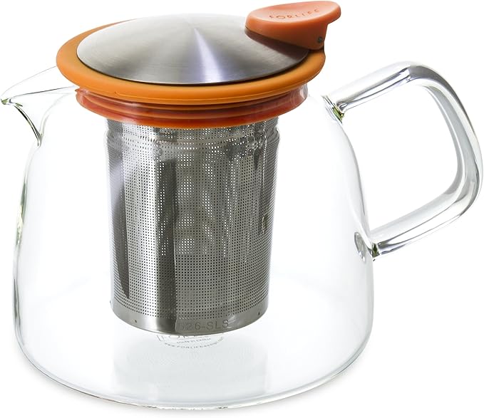 FORLIFE Bell Glass Teapot with Basket Infuser, 24 oz./730 mL, Orange