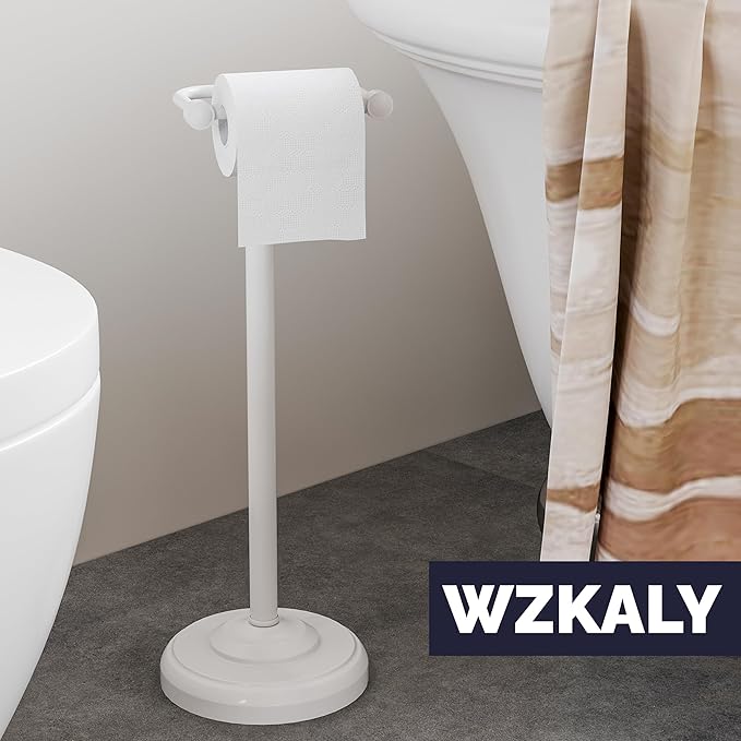 Toilet Paper Holder Stand, White Toilet Paper Holder Free Standing, Post Pivoting Design & Stable Weighted Base SUS304 Stainless Steel for Bathroom (Mega Roll)