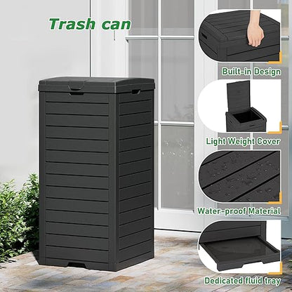 NUNU LAB 31 Gal Outdoor Trash Can with Lid - Heavy Duty Waterproof Resin, Removable Drip Tray, Fits 33-40 Gallon Bags - Large Garbage Bin for Patio, Backyard, Deck
