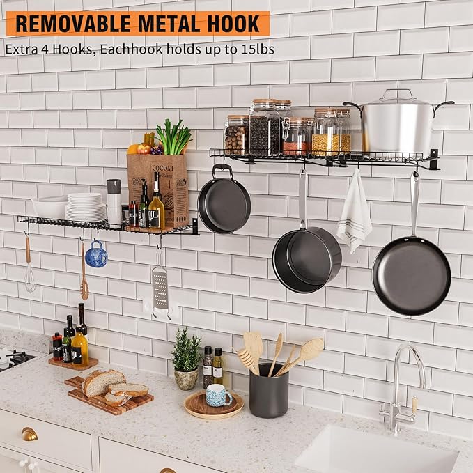 2 Pack Foldable Wall Shelf, Wall Mounted Garage Storage Shelves, Heavy Duty Wall Shelving Supports Up To 90 LBS. Floating Shelves With 4 Hooks Metal Storage Rack for Office, Kitchen and Laundry Room