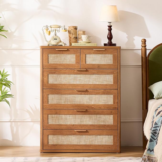 LEYAOYAO Rattan Dresser for Bedroom Set of 2, 42" Tall Chest of Drawers, Modern 6 Drawers Boho Dressers with Storage, Vintage Brown Dresser Wooden Closet Organizer for Living Room, Hallway