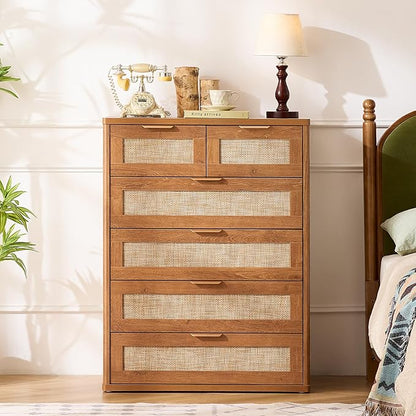 LEYAOYAO Rattan Dresser for Bedroom Set of 2, 42" Tall Chest of Drawers, Modern 6 Drawers Boho Dressers with Storage, Vintage Brown Dresser Wooden Closet Organizer for Living Room, Hallway