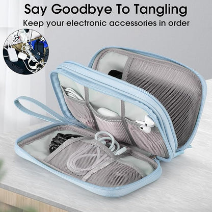 Leather Travel Electronic Organizer - Double Layer, Waterproof Case for Cables, Chargers, Phones & More - Portable, Shockproof Pouch for All Your Electronics Accessories (Light Blue, M)