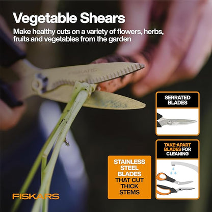 Fiskars Vegetable Garden Tool Set with Vegetable Shears, Seed Sower, Trowel, Cultivator, Weeder, and L/XL Garden Gloves for Indoor or Outdoor Gardening (6 Piece Kit)