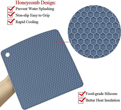 4 Pack Silicone Trivet Mat, Silicone Trivets for Hot Pots and Pans, Non-Slip & Heat Resistant Silicone Hot Pad for Kitchen Counter Mat Set, Soft Drying Mat, Jar Opener and Coasters, Square, Blue