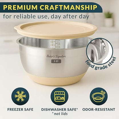 Baker's Signature Stainless Steel Mixing Bowls with Lids Set, 5 Sizes, 3 Graters, Non-Slip Base, Airtight Lids, Metal Mixing Bowls for Kitchen, Food Prep, Storage, 0.63QT-5QT, Khaki