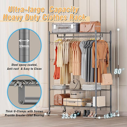 Homdox Heavy Duty Rolling Clothing Rack, Adjustable Garment Rack with 3 Tier Storage Shelves, Freestanding Closet Wardrobe for Hanging Clothes with Side Hooks, Gray
