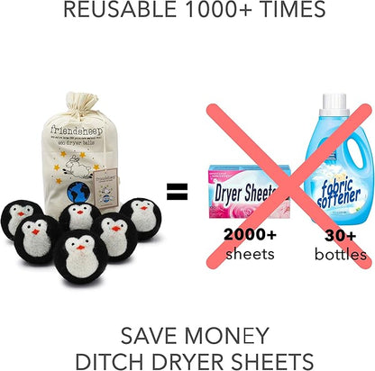 Friendsheep Wool Dryer Balls, Organic Fair Trade Reusable Fabric Softener, Extra Large, 6 Pack, Black Penguin - Cool Friends