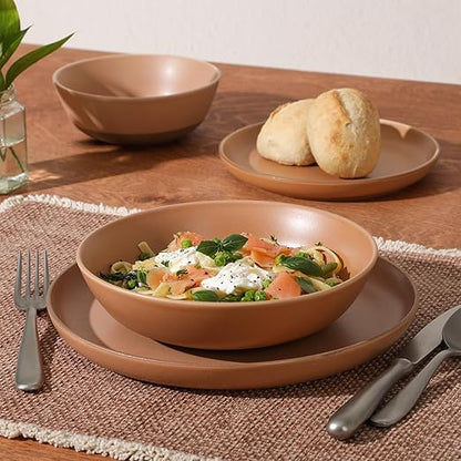 Gibson Elite Laguna Bliss 16 Piece Stoneware Reactive Glaze (Service for 4) Ceramic Plates and Bowls Dinnerware Set - Matte Clay W/Terracotta Bottom
