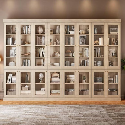 70.8" Bookshelf with Glass Doors, Farmhouse Modular Bookcase with 6-Tier Adjustable Shelves, Large Storage Cabinet for Living Room & Home Office, Set of 2, Brown