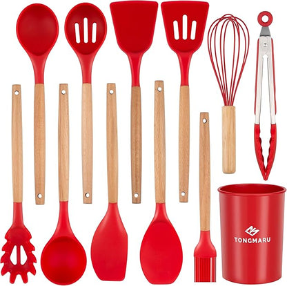 Silicone Cooking Utensils Set, Premium Beech Wood Handle Kitchen Gadgets Utensil Set, Non-Stick Kitchen Utensils Spatula, Tongs, Turner, Whisk, Brush, Spoon, BPA FREE, 446°F Resistant (Red)