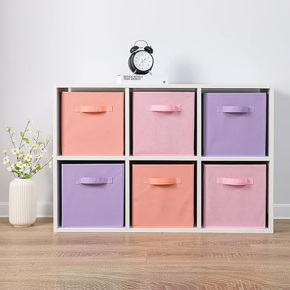 Stero 13x13x13 Inch Fabric Storage Bins 6 Pack Fun Colored Durable Storage Cubes with Handles Foldable Cube Baskets for Home, Kids Room, Closet and Toys Organization Purple, Pink, peachpuff