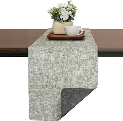 Table Runners 94 Inches Long, Dual-Sided Faux Leather Farmhouse Table Runner Waterproof Non-Slip for Living Room Party Home Decor Holiday Decorations(Gray Grass Green, 12 x 94 Inch)