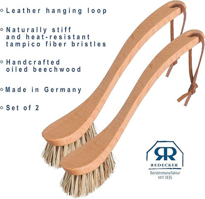 REDECKER Curved Dish Brush, Natural Union Plant Fiber Bristles, Ergonomic Design with Oiled Beechwood Handle, 9-1/4 Inches, Set of 2, Made in Germany - Natural Bristle Dish Brush