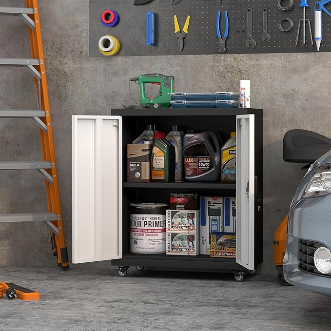 Metal Storage Cabinet with Wheels, Steel Mobile Garage Cabinets with Lockable Door and Adjustable Shelf, Metal Rolling Tool Cabinet, Utility Cabinet for Home, Office, Black+Gray