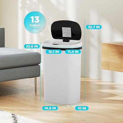 Automatic Motion Sensor Bathroom Trash Can with Lid, 13 Gallon Touchless Trash Bin, Smart Dog Proof Garbage Can, Touch Free Waste Basket for Toilet, Office, Bedroom,White,2