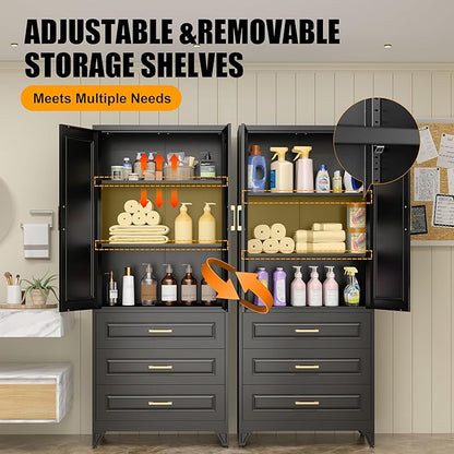 75" Tall Metal Storage Cabinet, Kitchen Pantry Storage Cabinets with Doors and Shelves, Black Pantry Cabinet with 3 Drawer, Utility Kitchen Cupboard, Large Steel Cabinets for Dining Room