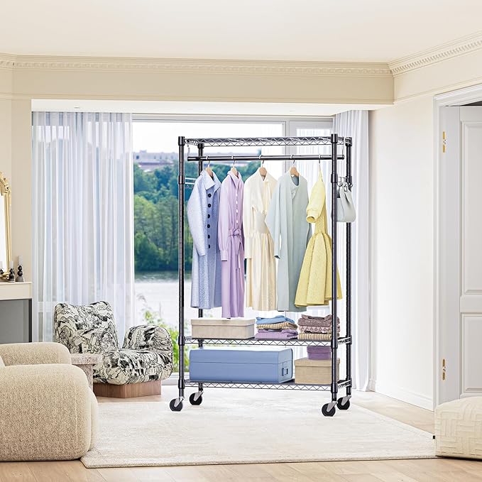 IZEUK Heavy Duty Rolling Garment Rack with 3 Adjustable Wire Shelves, Hanging Rod & Side Hooks - Mobile Clothes Rack with Wheels, 29.5" W x 15.7" D x 75" H, Black