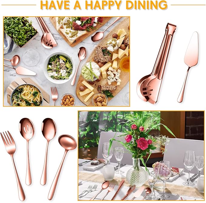 Patelai Serving Utensils Set Include Stainless Steel Large Spoons Slotted Spoons Forks Tongs Soup Ladle and Pie Server for Parties Buffet Catering, Dishwasher Safe(Rose Gold,10 Pieces)
