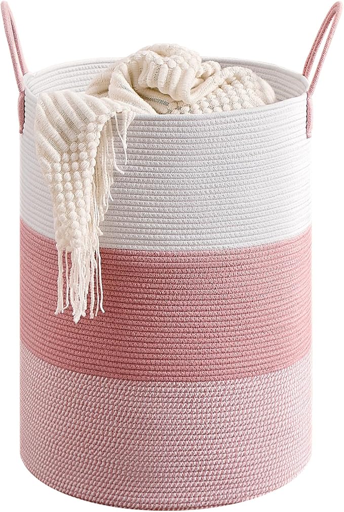 CLHMILY&Z 100L Laundry Basket Round Storage Rope Basket - 18.1x24 Inches - Pink Hamper in Bedreoom and Cute Storage Bin for Blankets, Toys, and Nursery Essentials