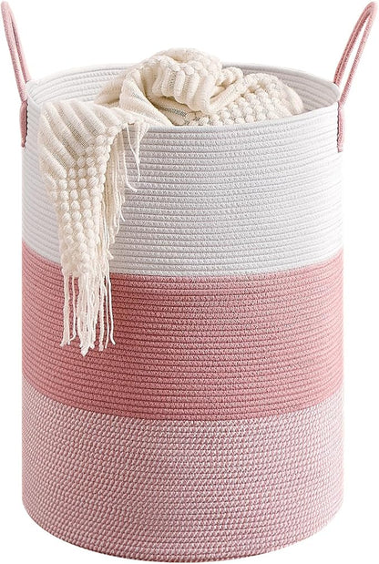 CLHMILY&Z 100L Laundry Basket Round Storage Rope Basket - 18.1x24 Inches - Pink Hamper in Bedreoom and Cute Storage Bin for Blankets, Toys, and Nursery Essentials