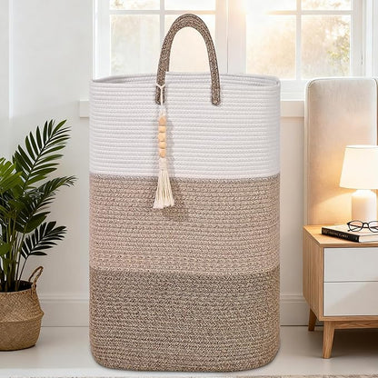 Woven Laundry Basket for Clothes,65 L Large Rectangle Laundry Hampers with Beads Tassel, Nursery Storage Basket for Toys, Tall Dirty Clothes Hamper for Bedroom Aesthetic, Laundry Room Organization
