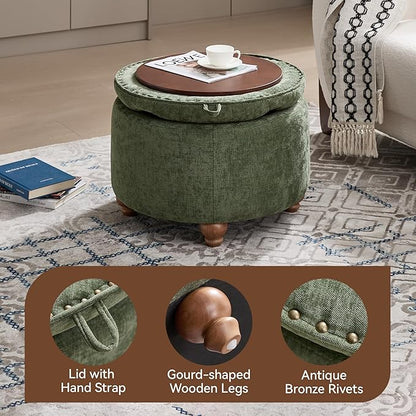 24Inch Round Storage Ottoman with Tray, Modern Tufted Circle Coffee Table with Storage, Upholstered Ottoman with Removable Top for Living Room, Bedroom, Chenille Green