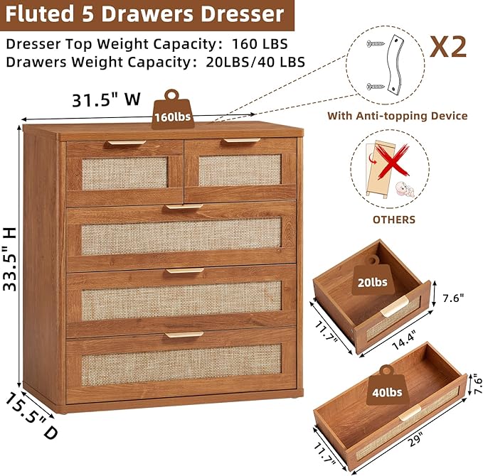 LEYAOYAO Rattan Dresser for Bedroom Set of 2, 33.5" Tall Chest of Drawers, Modern 5 Drawers Boho Dressers with Storage, Vintage Brown Dresser Wooden Closet Organizer for Living Room, Hallway