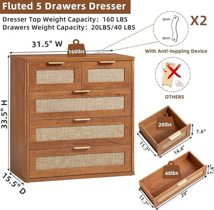 LEYAOYAO Rattan Dresser for Bedroom Set of 2, 33.5" Tall Chest of Drawers, Modern 5 Drawers Boho Dressers with Storage, Vintage Brown Dresser Wooden Closet Organizer for Living Room, Hallway