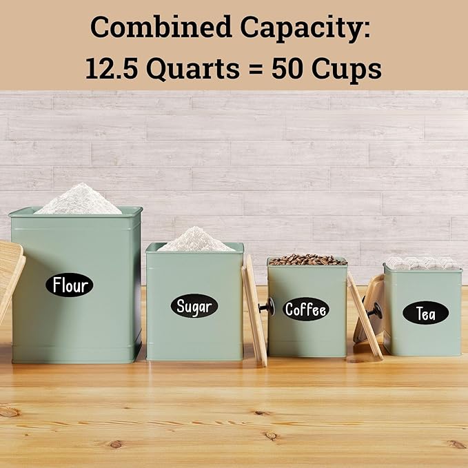 Kitchen Canisters for Countertop Set of 4 with Customizable Chalkboard Labels & Marker Pen - Big Iron Kitchen Canisters with Airtight Lids - Sage Green Canister Set - Flour and Sugar Containers