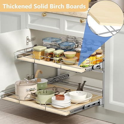 ROOMTEC 2 Tier Individual Pull Out Cabinet Organizer 25½"W x 21½"D, Slide Out Wood Shelves Organizers, Pull Out Drawers Organization and Storage for Kitchen Cabinet