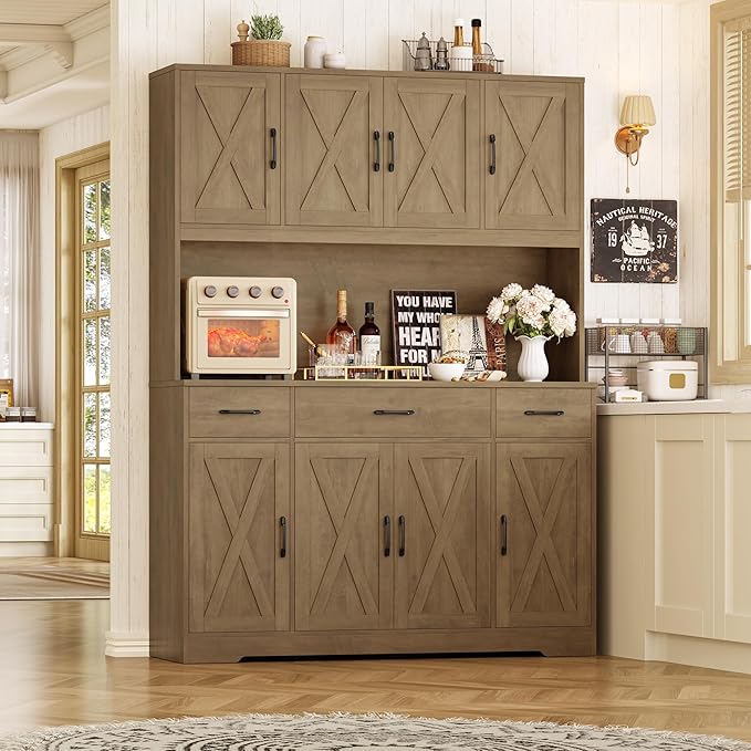 HOSTACK 71" Tall Kitchen Pantry Storage Cabinet with Charging Station, 55" Wide Kitchen Hutch Cabinet with Large Countertop, Farmhouse Food Pantry with Drawers for Living Room (Rustic Brown)