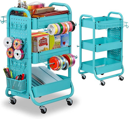 DESIGNA 3-Tier Utility Storage Rolling Cart with Removable Pegboard & Extra Storage Baskets Hooks, Metal Craft Art Carts for Gift Home Office, Teal