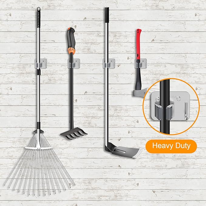 4 Pack Stainless Steel Mop and Broom Holder Wall Mount with Hook, Screw Drilling Mop and Broom Hanger, Single Heavy Duty Storage Rack for Laundry Garage Closet Garden Tool Organizer, Silver