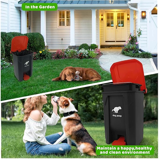 Dog Poop Trash Can Outside, 20L/5Gallon Dog Waste Trash Can with Lid, Pedal and Removable Inner Waste Bin, Pet Poop Bucket with 100 Bags, Red