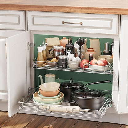 LOVMOR 2 Tier Individual Pull Out Cabinet Organizer 25½" W x 21½" D, Slide Out Kitchen Cabinet Storage Sliding Shelves