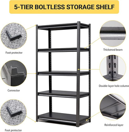 63" H Heavy Duty Garage Shelving, Metal Storage Shelves, Adjustable 5 Tier Metal Shelving Unit, Industrial Utility Rack for Garage, Warehouse, Workshop, 16" D×31.5" W×63" H, Black
