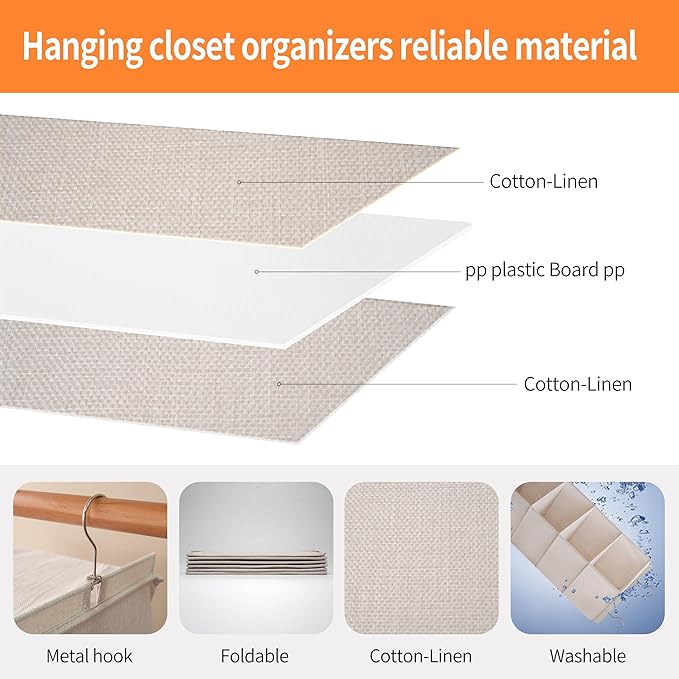 Large Hanging Sweater Organizer for Closet,Collapsible 6-Shelf Hanging Closet Shelves with Drawers, Washable (Beige -5 Shelf-1 d)