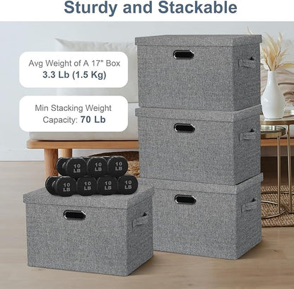 Large 17" 36 Quart Collapsible Stackable Storage Bins with Lids, 3 Packs Black and White Mix Linen Fabric Closet Boxes with Lids, Storage Cube Baskets Container Organizers (17x12x11)