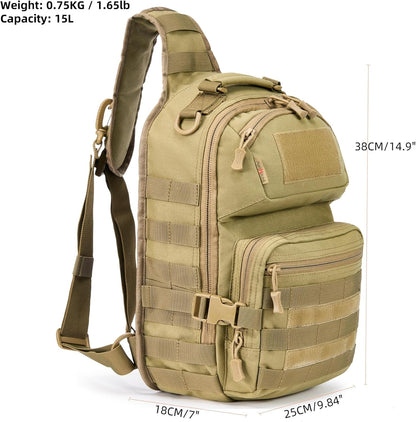 15L Tactical Crossbody Sling Bag | Everyday One Shoulder Backpack Fit 12 Inch Laptop, Molle, Daily Use, Travel, Hiking (Tan)