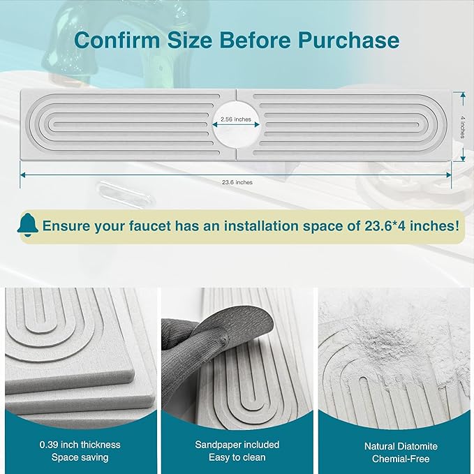 Faucet Mat for Kitchen Sink, Stone Drying Mat for Kitchen Counter, Stone Mat Bathroom, Kitchen Mat, Sink Mat, Water Absorbing Stone Tray for Sink, Bathroom Stone Mat(WHITE, 23.6 * 4")