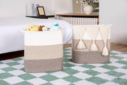 Storage Baskets for Clothes Fabric Cotton Rope Storage Basket with Handles, Decorative Woven Basket for Living Room,Closet Organizer Blankets, and 2bags (Gradient Brown, L17.8×W12.5×H17.9)