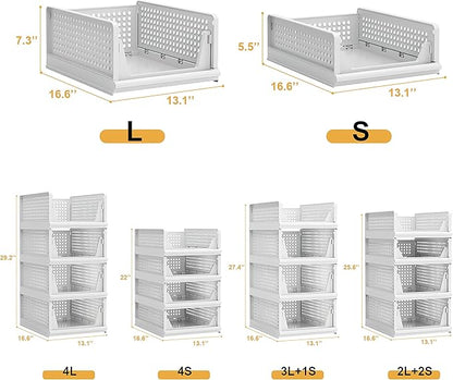 Proarea 4 Pack Stackable Plastic Storage Basket Closet Organizer Bin Foldable Clothes Organizer Storage Drawer Shelf Container for Living Room Bathroom Kitchen Office (4S)