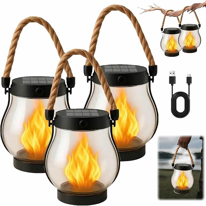 Kaliqo Solar Lantern Outdoor Lights Solar Lantern Waterproof Flickering Flame Hanging Lanterns for Patio Yard Garden Decor (3 Pcs)