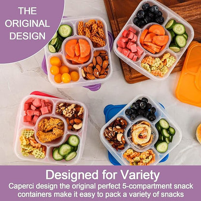 Caperci Original Lunchable Snack Containers - Bento Snack Boxes with 5-Compartment, Reusable Food Containers for School, Work and Travel, BPA-Free, Set of 4 (Classic)
