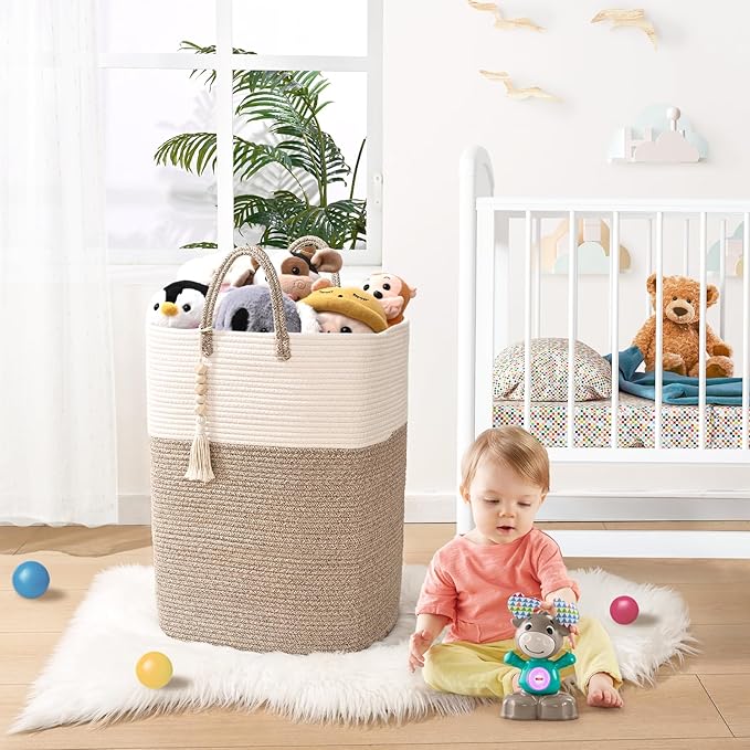 Woven Laundry Basket for Clothes, 50L Large Rectangle Laundry Hampers with Beads Tassel, Nursery Storage Basket for Toys, Tall Dirty Clothes Hamper for Bedroom Aesthetic, Laundry Room Organization