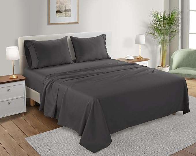 100% Organic Cotton Twin Sheets Set, 300TC Sateen Weave 3 PC Twin Bed Sheets, Fully Elasticated Sheet & Pillowcase Sets, Soft & Comfy No Lint Machine Washable Grey Sheet, Fade Resistant – Charcoal