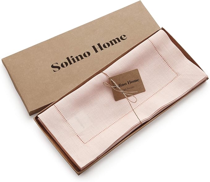Solino Home Linen Pink Table Runner 48 Inches - Classic Hemstitch, 100% Pure Linen Coffee Table Runner 14 x 48 Inch Ideal for Dresser Tables - Christmas